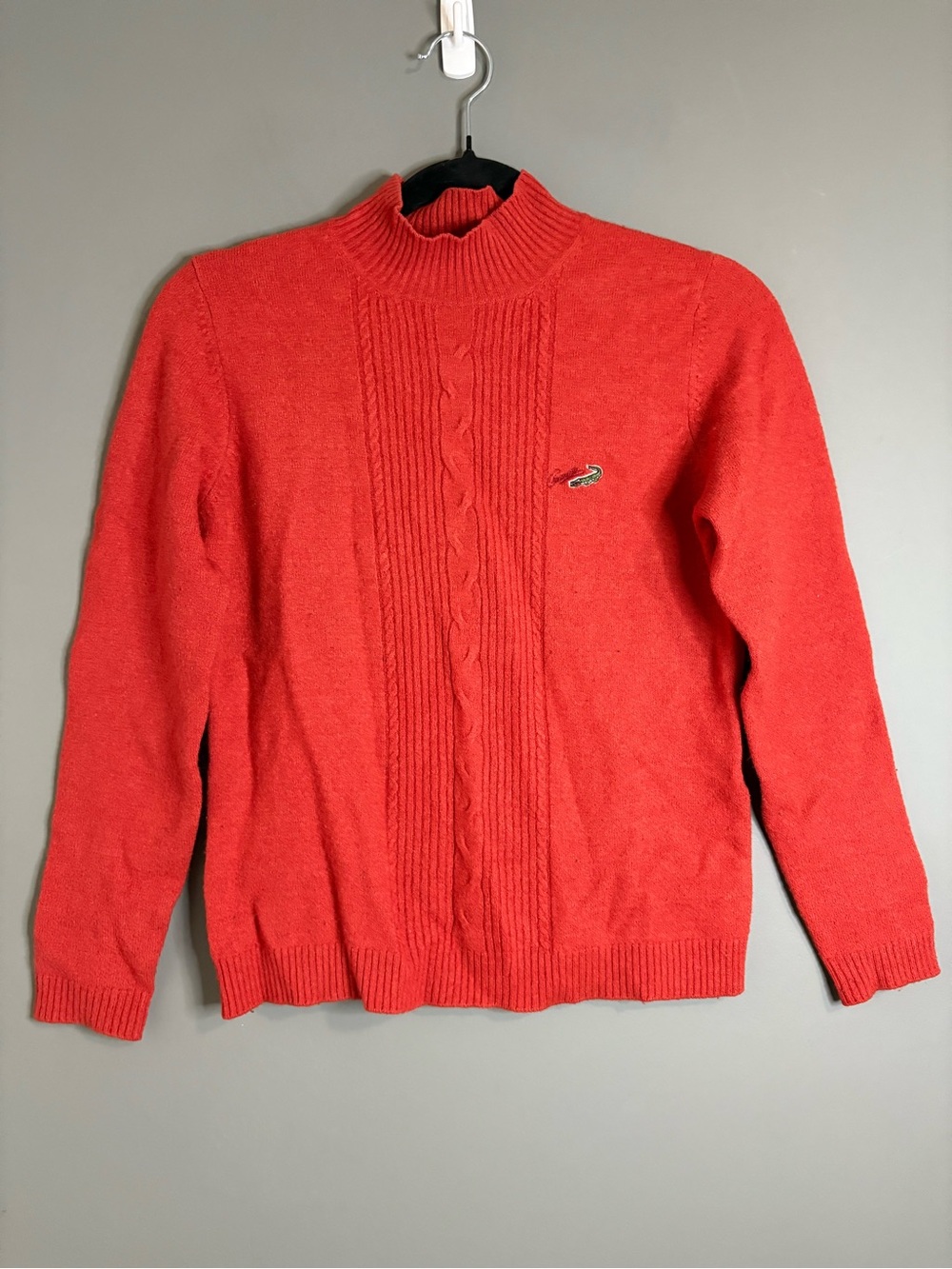 Vintage Lacoste Burnt Orange Wool Blend Mock Neck Cable Knit Sweater Size Small - Picture 2 of 9
